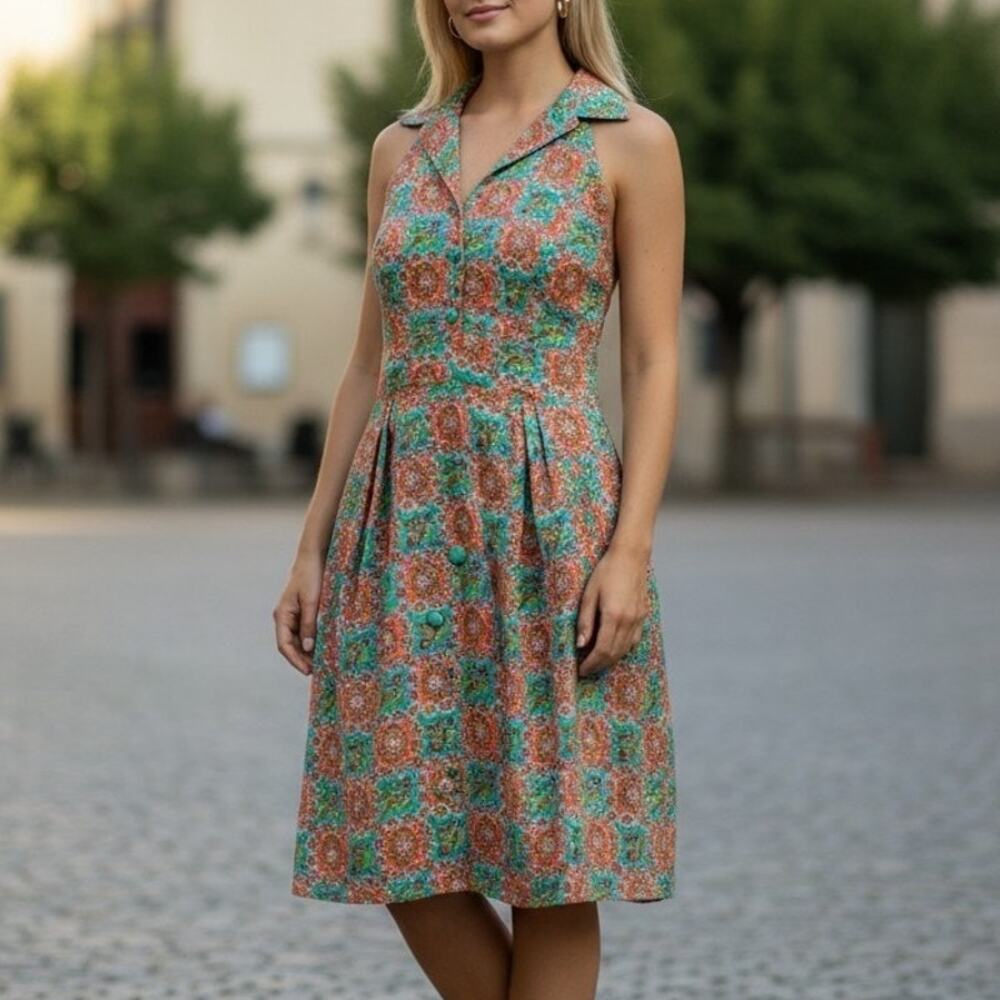 Leifsdottir Anthropologie Floral Shift Dress Sz M Orange Green Sleeveless